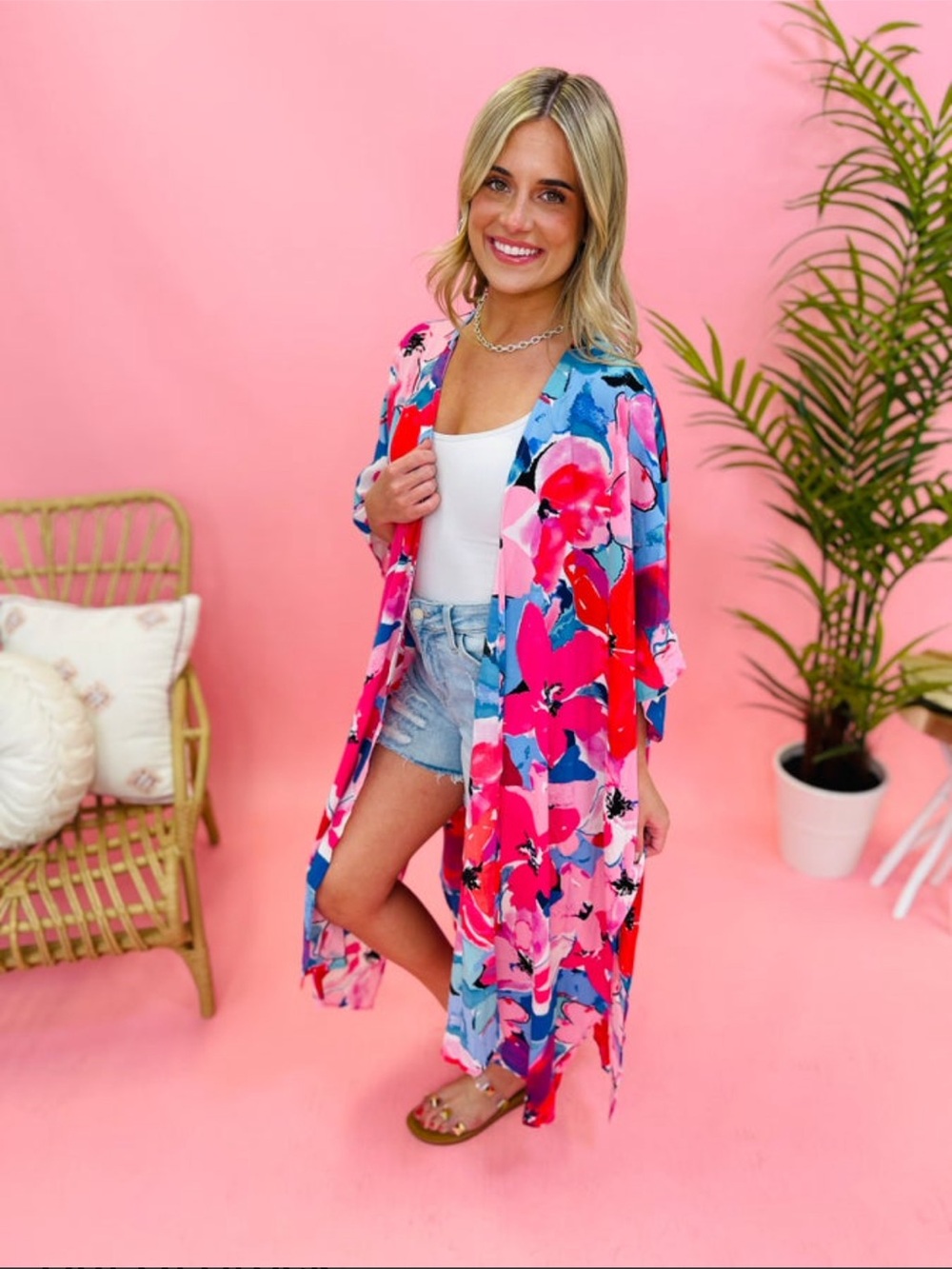 Umgee Pink Floral Open-Front Kimono